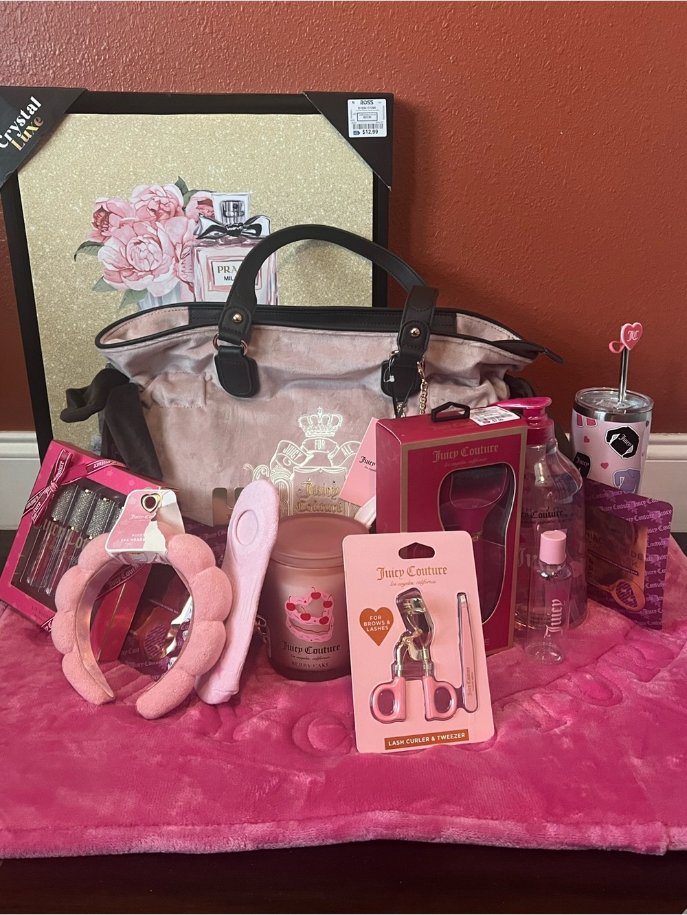 Juicy Couture Pink Shoulder Bag Rhinestone Keychain & Beauty Set Socks Candle